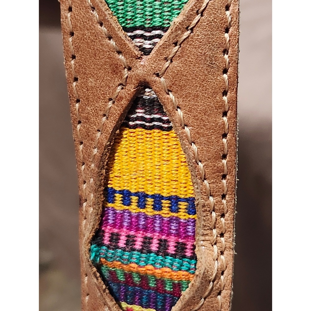 Vintage Guatemala Leather Belt XL Woven Textile Diamond Cutout Boho Western Tan
